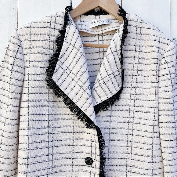 St. John Collection Santana Women’s Blazer Cream White Black Knit Textured Tweed - Picture 2 of 12